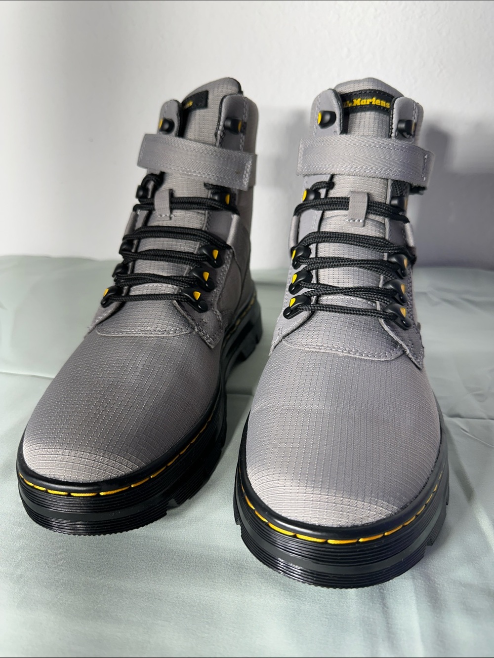 Dr. Martens Gray Canvas High-Top Lace & Strap Boots with Yellow Stitching